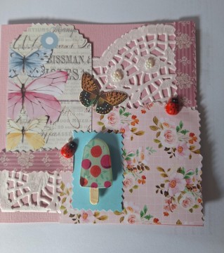 Rosa kort med Ispinne og to marihøner